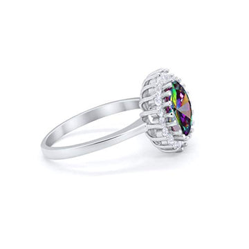 Halo Floral Wedding Ring Simulated Rainbow CZ 925 Sterling Silver